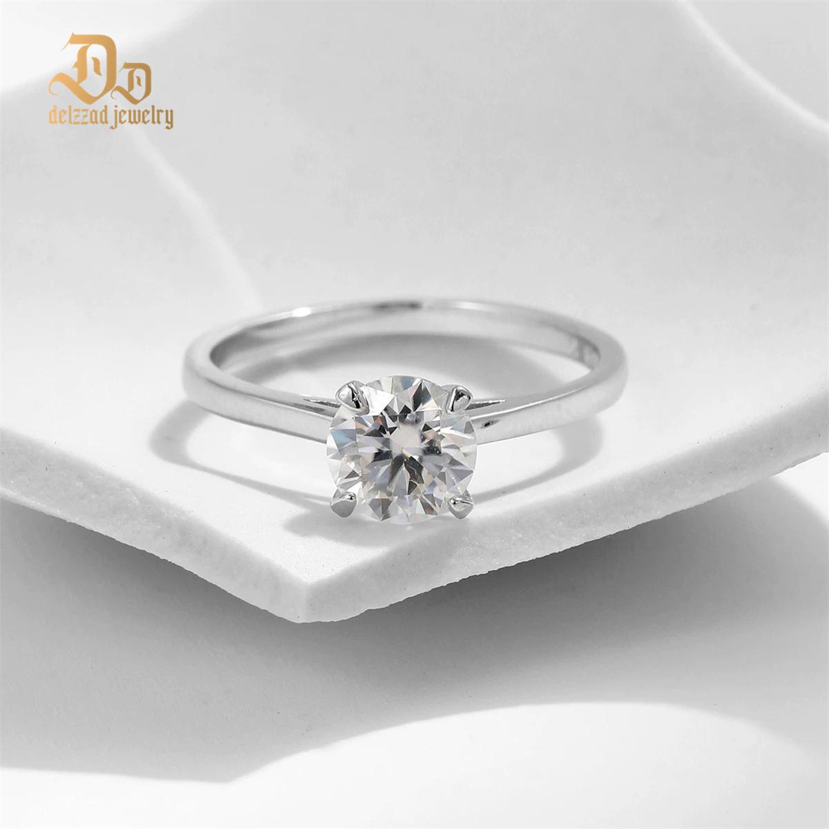 Delzzad S925 1-2ct Round VVS Synthetic Moissanite Solitaire Four-Prong Ring Band Engagement Wedding Valentine's Day Gifts For Her