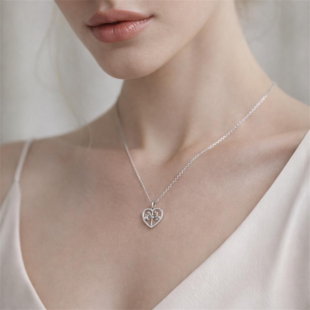 Delzzad 0.2ct Grounded in You Pendant Tree of Life Heart Necklace Eternal Roots of Love Chain VVS Synthetic Moissanite Pendant Jewelry Copper