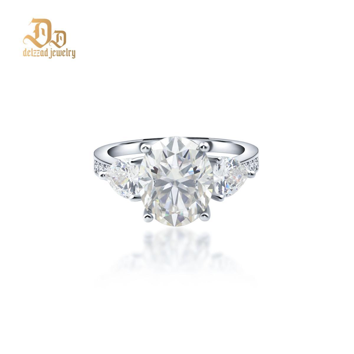 Delzzad 5ct Oval Synthetic Moissanite Three Stones Ring In 925 Sterling Silver