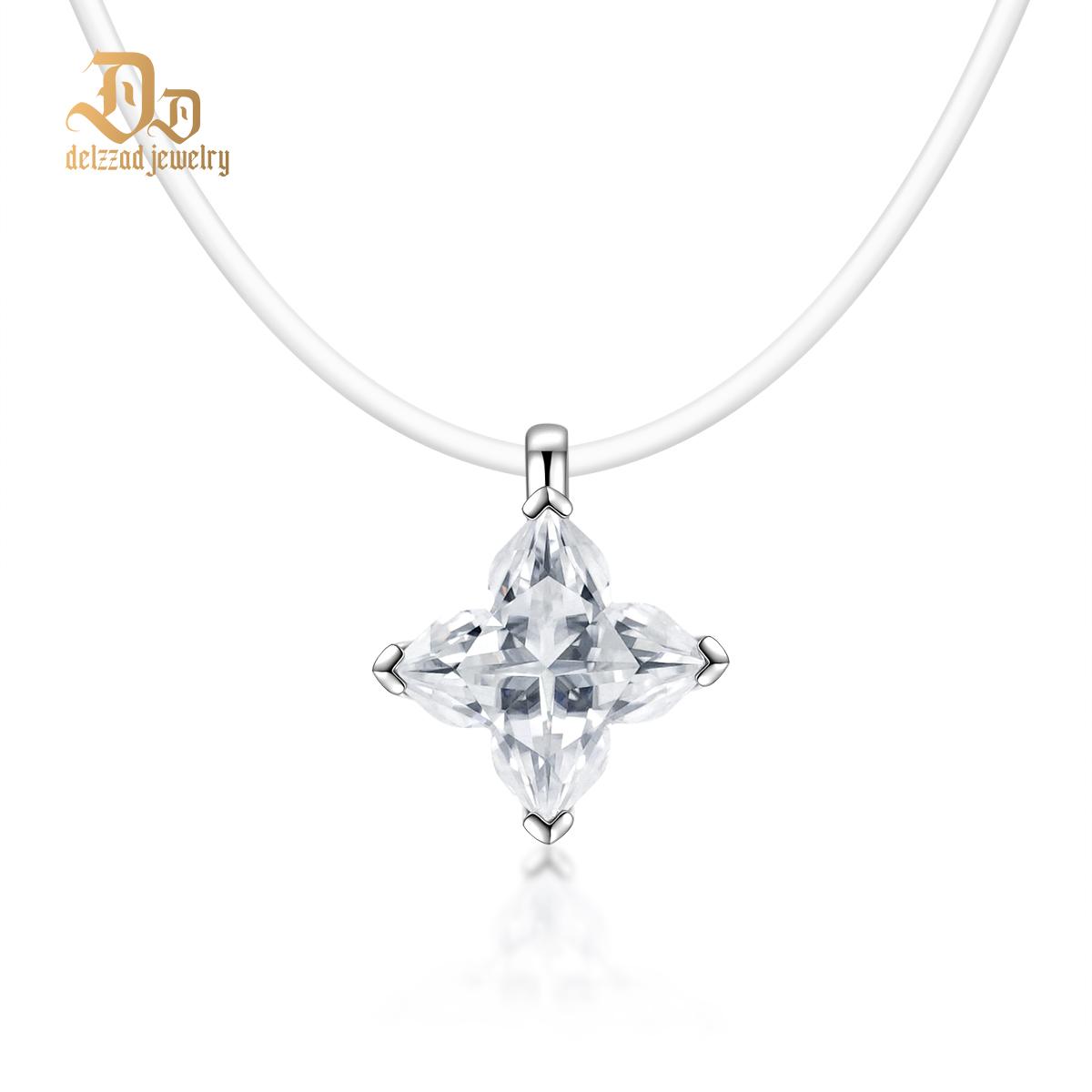 Delzzad 1ct Exquisite Leaf Clover Fishing Line Pendant Necklace Lab-Created Moissanite Necklace S925 Sterling Silver Moissanite Jewelry Engagement Wedding Anniversary Perfect Gifts