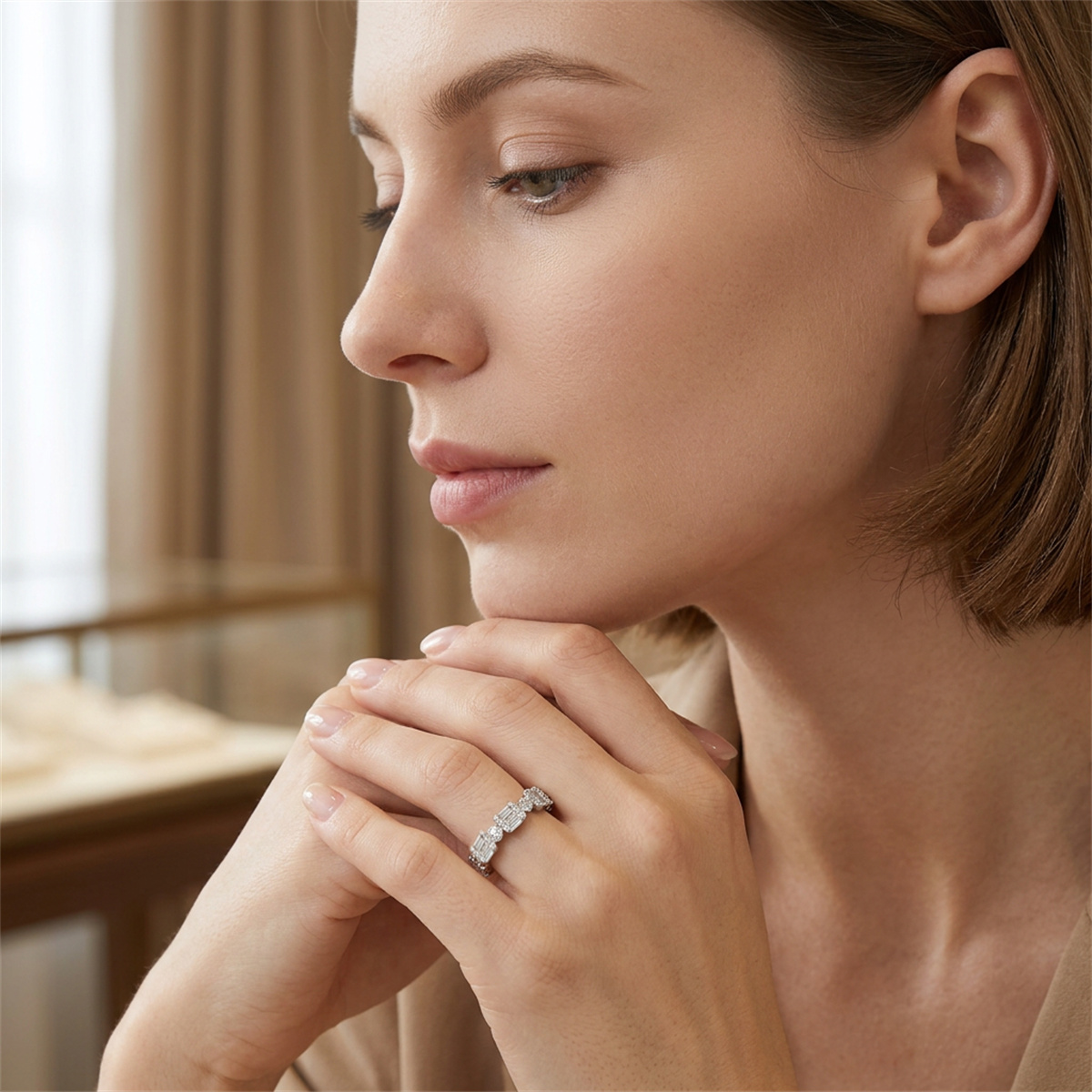 0.6ct Metropolitan Glow Copper Ring Golden Cluster Half Eternity Stackable Ring Tiered Wedding Band VVS Synthetic Moissanite Ring