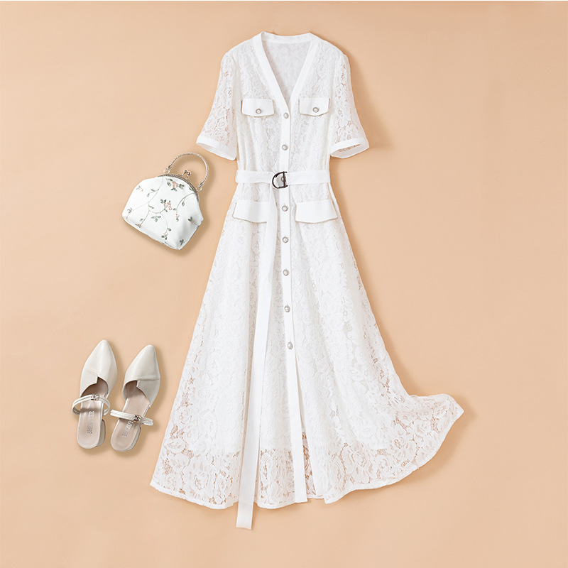 Plus size white lace waist dress