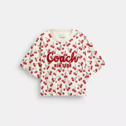 Cherry Print Cursive Signature Cropped T Shirt In Organic Cotton