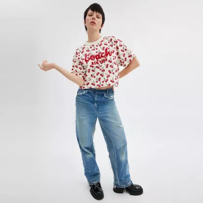 Cherry Print Cursive Signature Cropped T Shirt In Organic Cotton