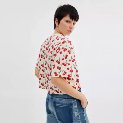 Cherry Print Cursive Signature Cropped T Shirt In Organic Cotton