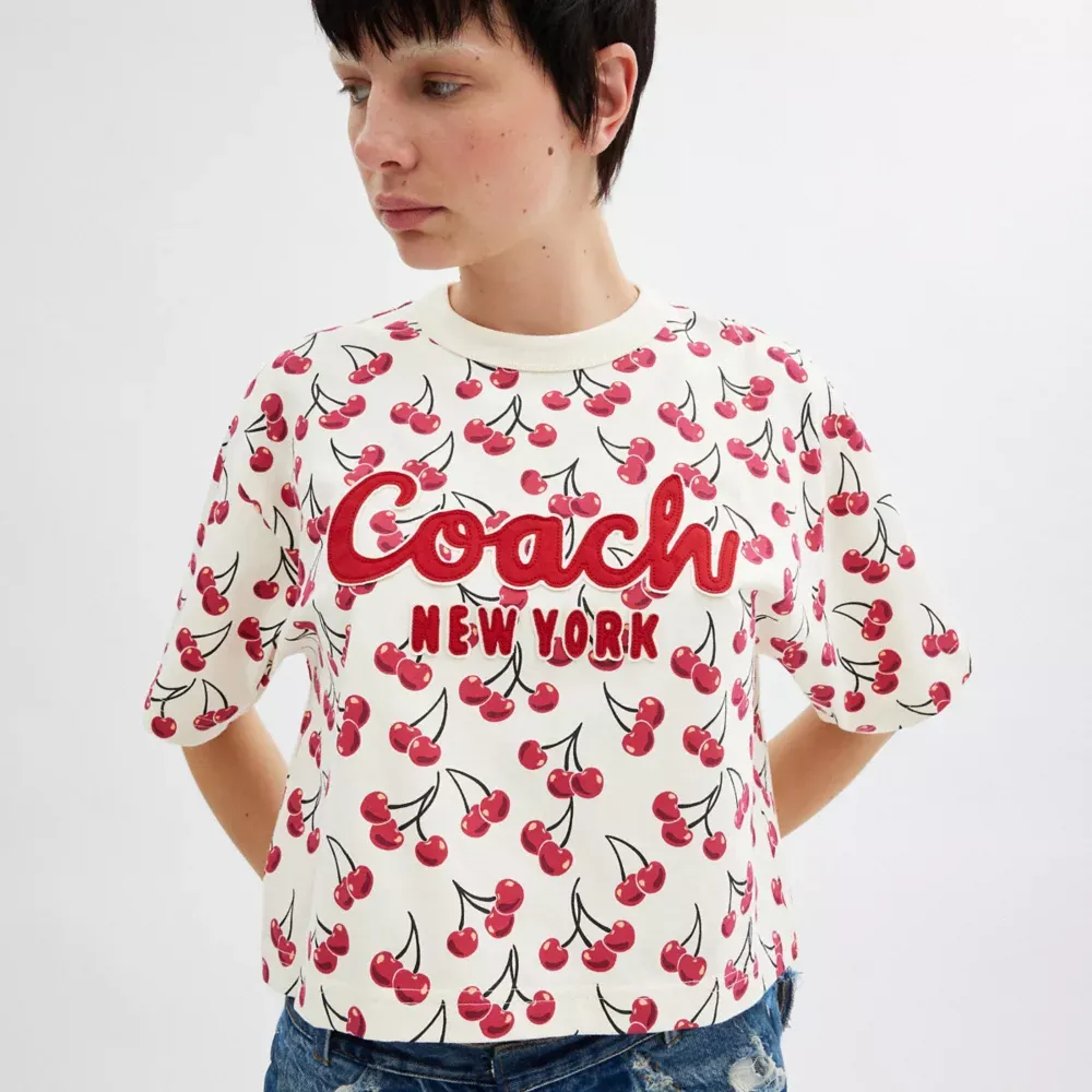 Cherry Print Cursive Signature Cropped T Shirt In Organic Cotton