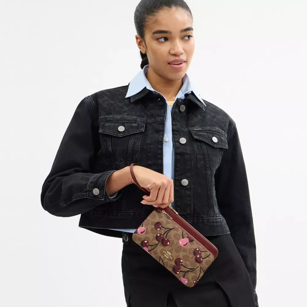 Double Zip Wallet In Signature Canvas With Cherry Print