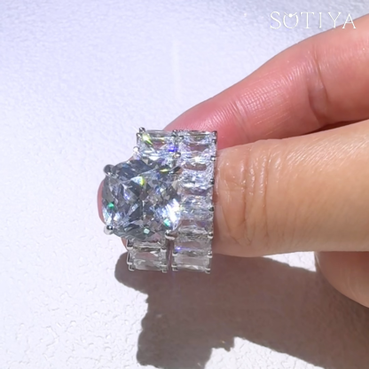 Sotiya Cushion Cut Three Sided Pave Wedding Bridal Ring Set Sterling Silver