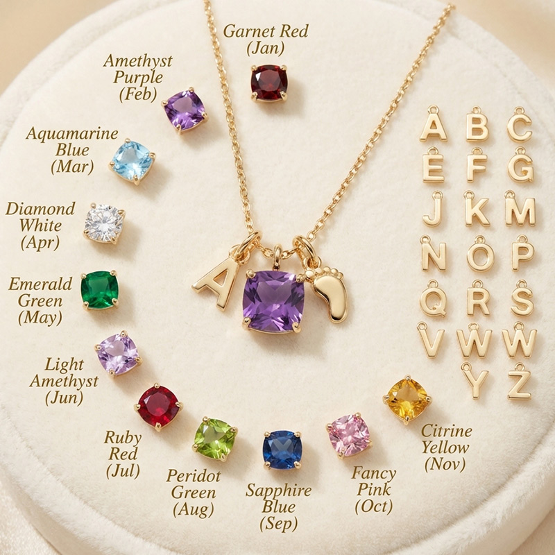 Sotiya 12 Birthstones Mom Feet Design Cushion Cut Necklace Sterling Silver