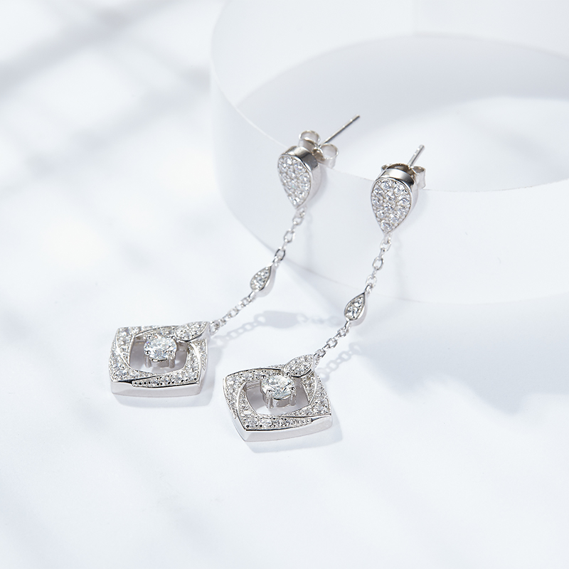 Sotiya Twist Square Design Round Cut Moissanite Drop Earrings Sterling Silver-Sotiya