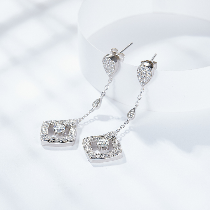 Sotiya Twist Square Design Round Cut Moissanite Drop Earrings Sterling Silver-Sotiya