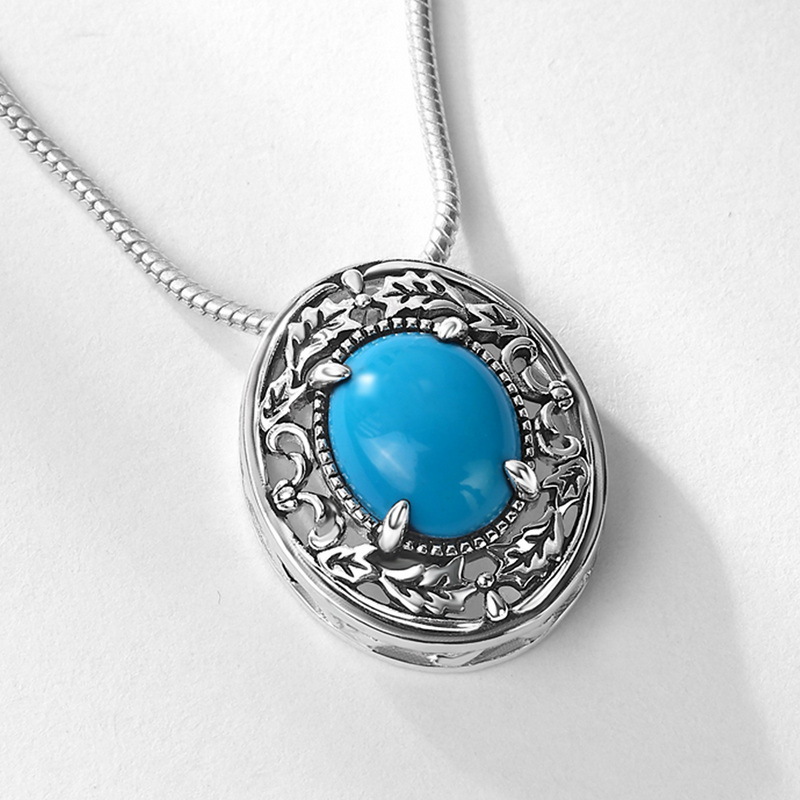 Sotiya Vintage Milgrain Leaf Design Oval Cut Turquoise Necklace Sterling Silver-Sotiya