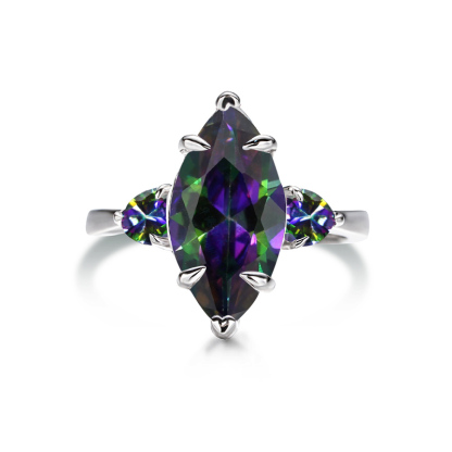 Sotiya Three Stone Marquise Cut Rainbow Mystic Quartz Engagement Ring Sterling Silver-Sotiya