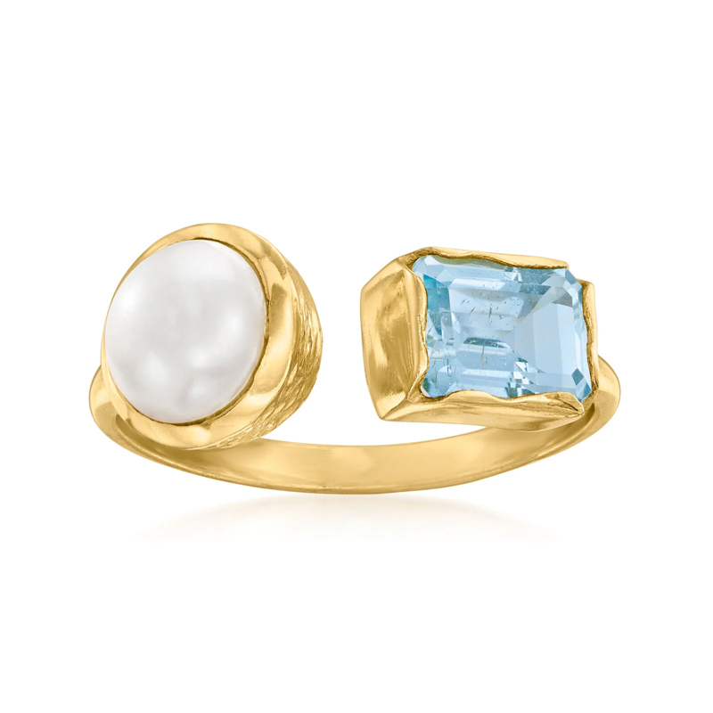 Sotiya Toi et Moi Cultured Pearl and Emerald Cut Aquamarine Two Stone Open Ring Sterling Silver-Sotiya
