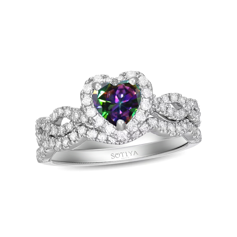 Sotiya Halo Rainbow Mystic Quartz Heart Cut Twist Wedding Ring Set Sterling Silver-Sotiya