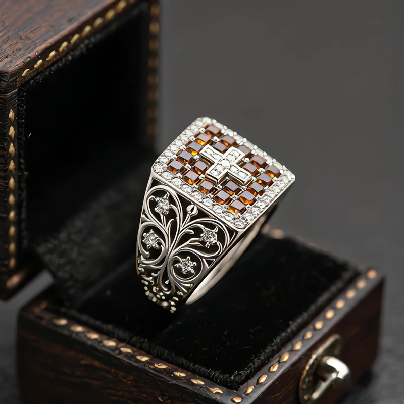 Sotiya Vintage Halo Coffee Cross Faith Men's Cluster Ring Sterling Silver-Sotiya