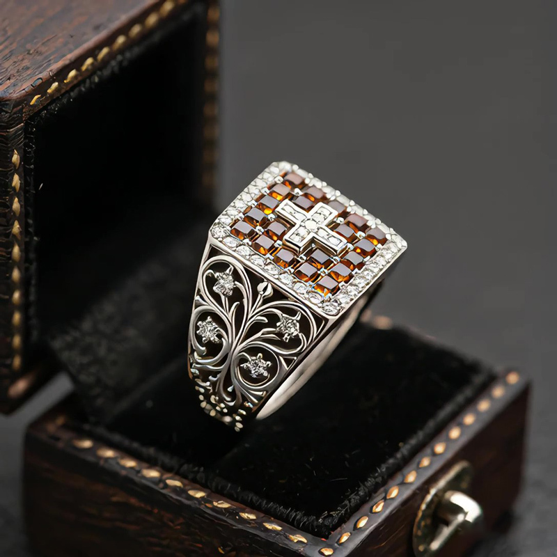 Sotiya Vintage Halo Coffee Cross Faith Men's Cluster Ring Sterling Silver-Sotiya