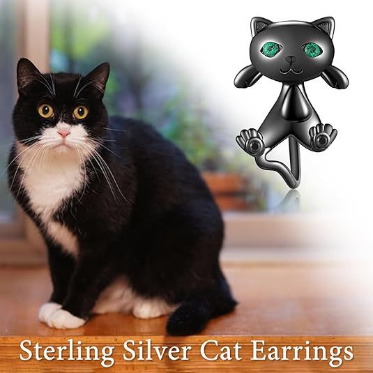 Sotiya Animal Black Cat Split Two-Piece Earrings Sterling Silver-Sotiya