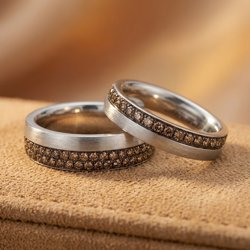 Sotiya Brushed Round Cut Coffee Couple Rings Sterling Silver-Sotiya