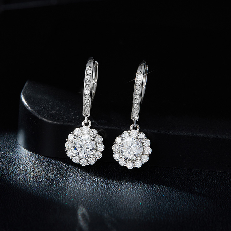 Sotiya Flower Design Halo Round Cut Moissanite Drop Earrings Sterling Silver-Sotiya