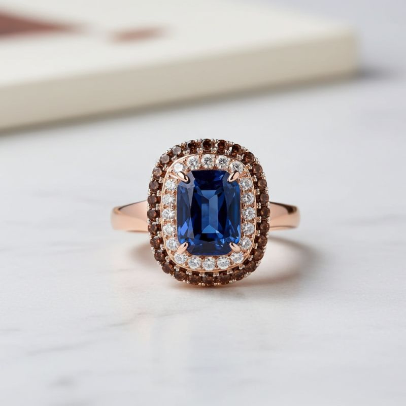 Sotiya Double Halo Radiant Cut Sapphire Coffee Engagement Ring Sterling Silver-Sotiya