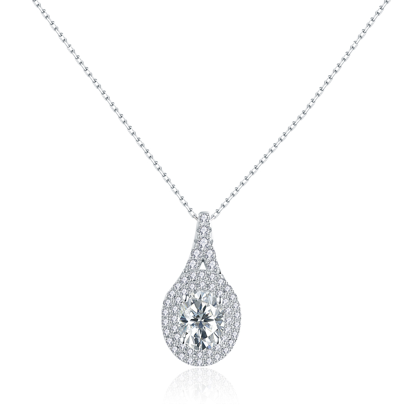 Sotiya Two Halo Oval Cut Moissanite Necklace Sterling Silver-Sotiya