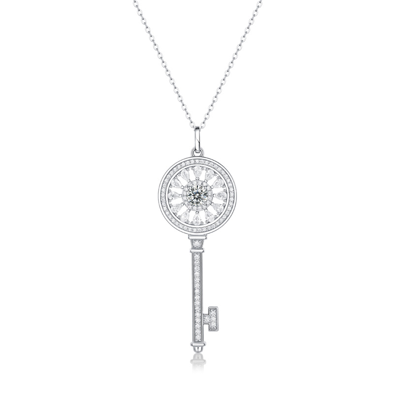 Sotiya Flower and Key Design Halo Round Cut Moissanite Necklace Sterling Silver-Sotiya
