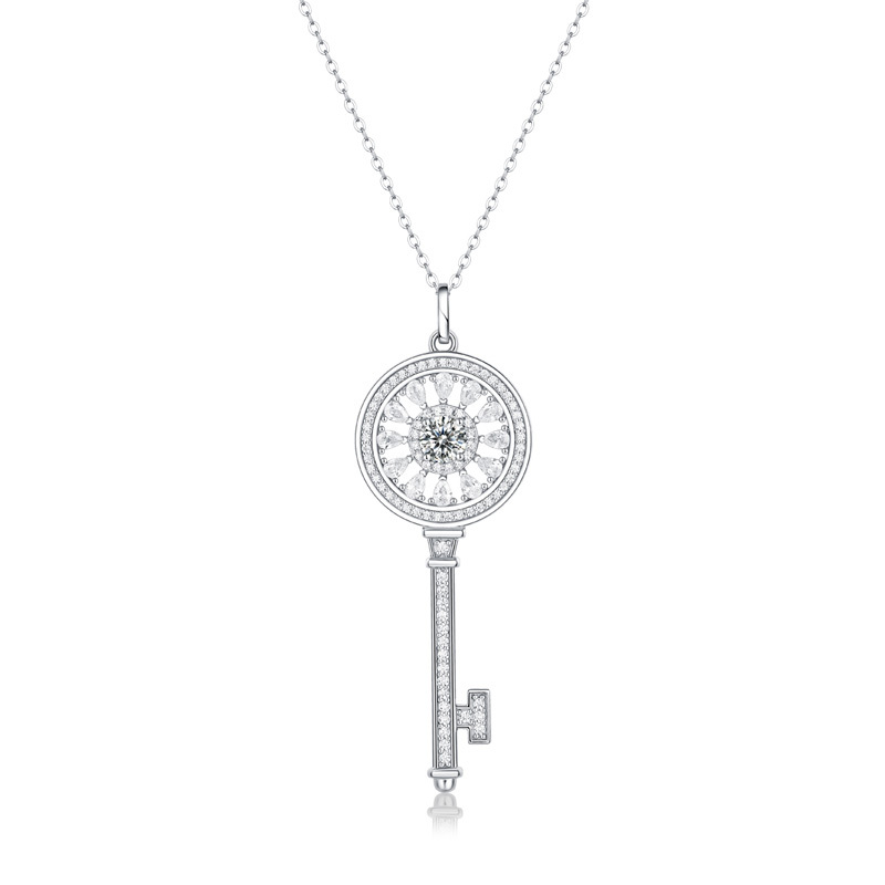 Sotiya Flower and Key Design Halo Round Cut Moissanite Necklace Sterling Silver-Sotiya