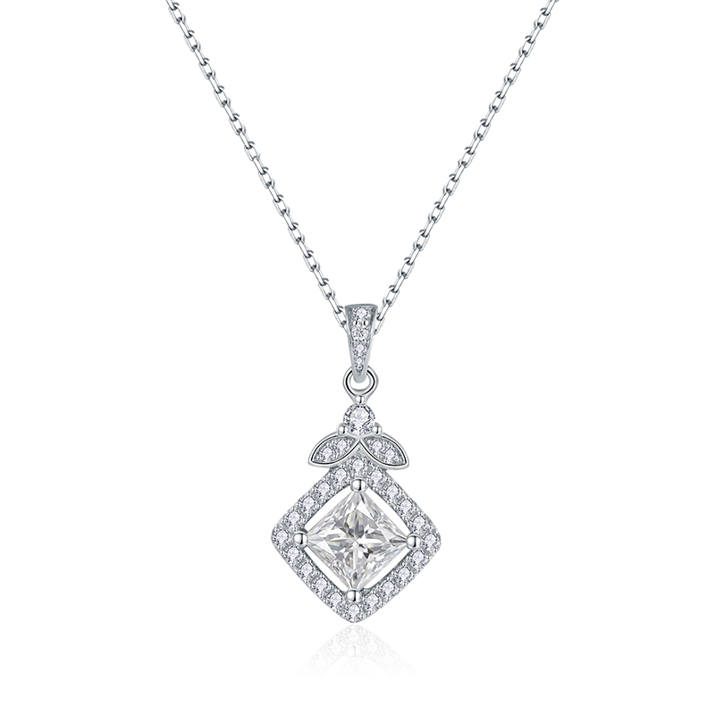 Sotiya Halo Princess Cut Moissanite Necklace Sterling Silver-Sotiya