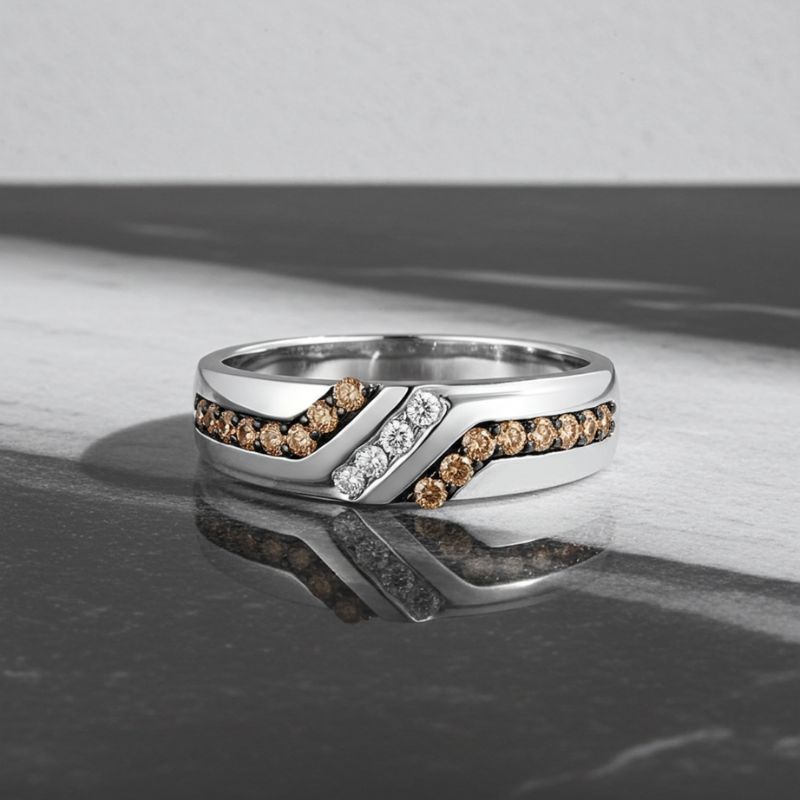 Sotiya White Gold Round Coffee Stone Band Men's Wedding Ring Sterling Silver-Sotiya