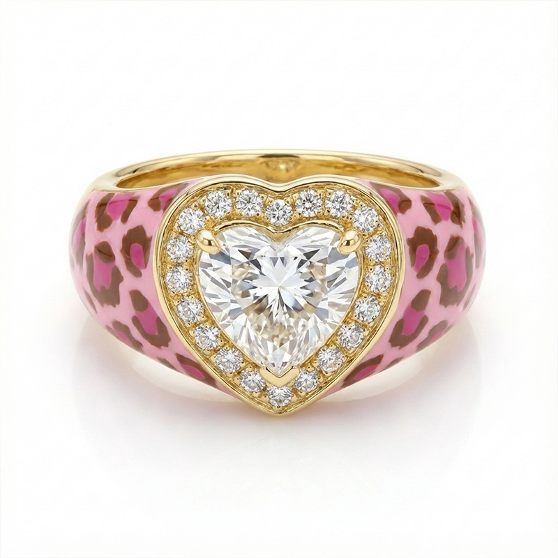 Sotiya Halo Heart Cut Leopard Print Pink Enamel Ring Sterling Silver-Sotiya