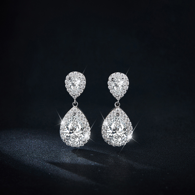 Sotiya Two Stone Halo Pear Cut Moissanite Drop Earrings Sterling Silver-Sotiya