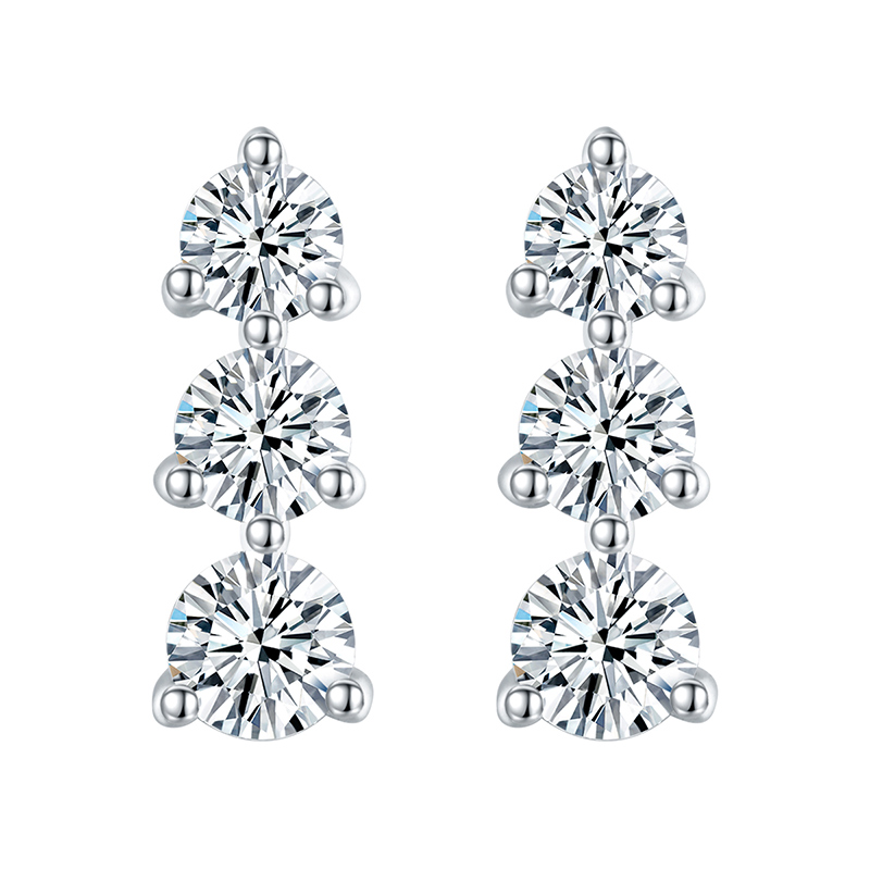 Sotiya Three Stone Round Cut Moissanite Stud Earrings Sterling Silver-Sotiya