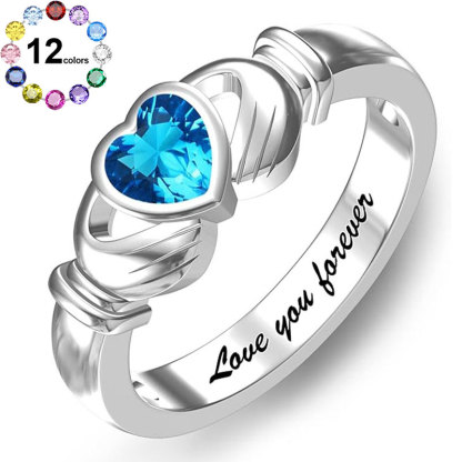 Sotiya Heart Cut Claddagh Ring Custom 12 Birthstone Engraved Name Promise Ring Sterling Silver-Sotiya