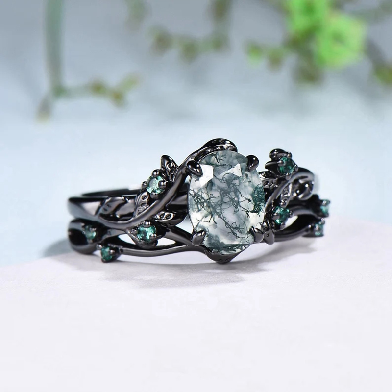 Sotiya Nature Inspired Oval Cut Green Moss Agate Wedding Bridal Ring Set Sterling Silver-Sotiya