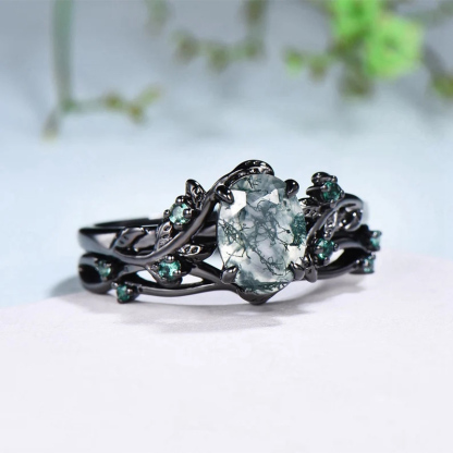 Sotiya Nature Inspired Oval Cut Green Moss Agate Wedding Bridal Ring Set Sterling Silver-Sotiya