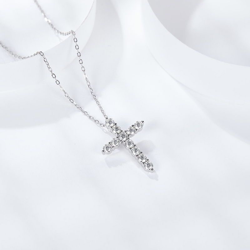 Sotiya Cross Design Round Cut Moissanite Necklace Sterling Silver-Sotiya