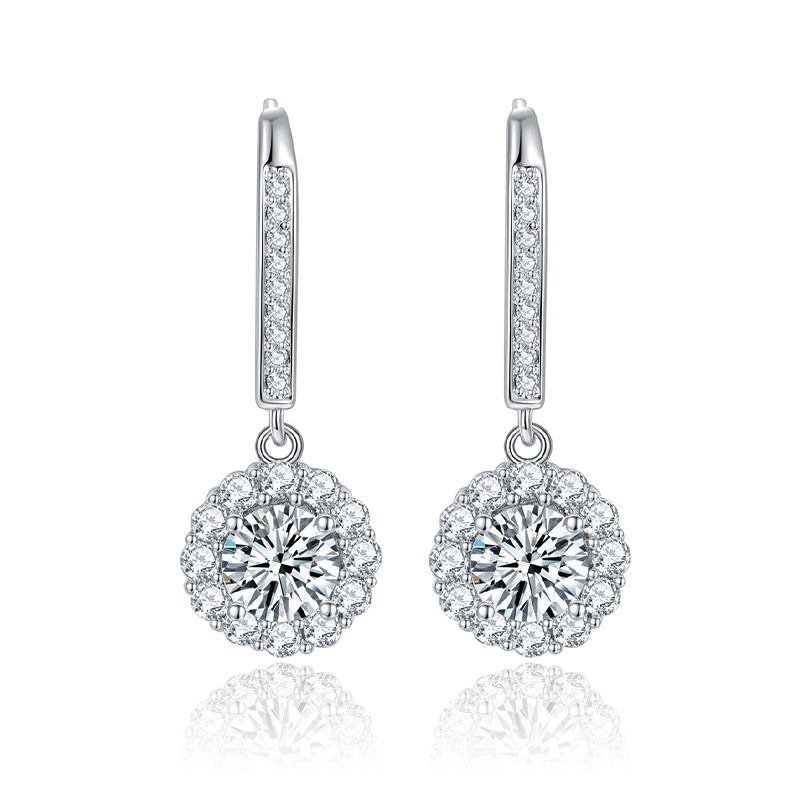 Sotiya Flower Design Halo Round Cut Moissanite Drop Earrings Sterling Silver-Sotiya