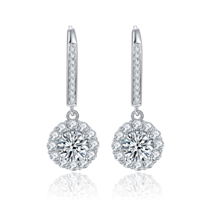Sotiya Flower Design Halo Round Cut Moissanite Drop Earrings Sterling Silver-Sotiya