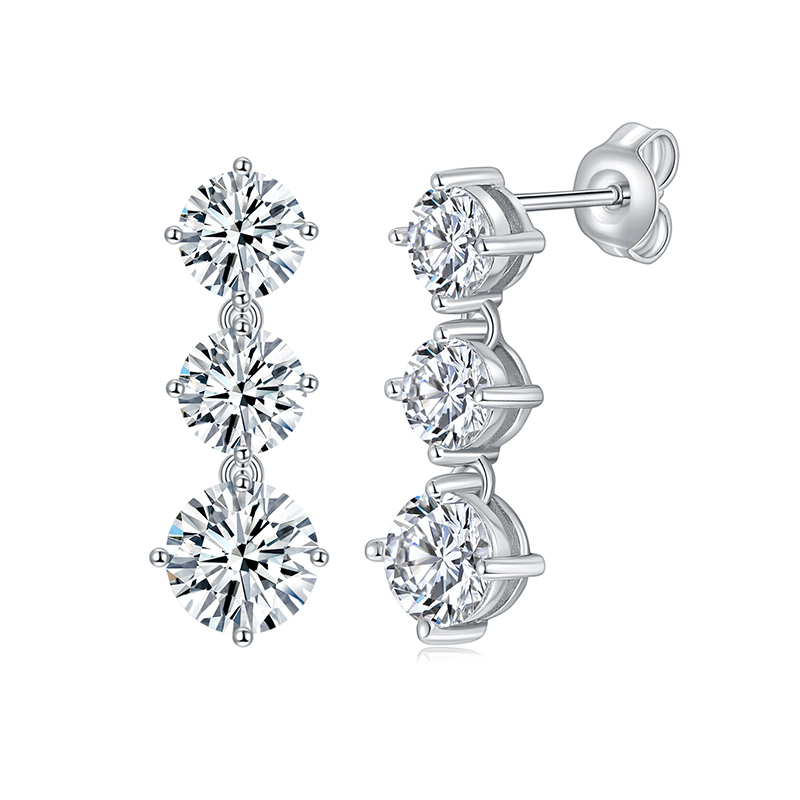 Sotiya Three Stone Round Cut Moissanite Drop Earrings Sterling Silver-Sotiya