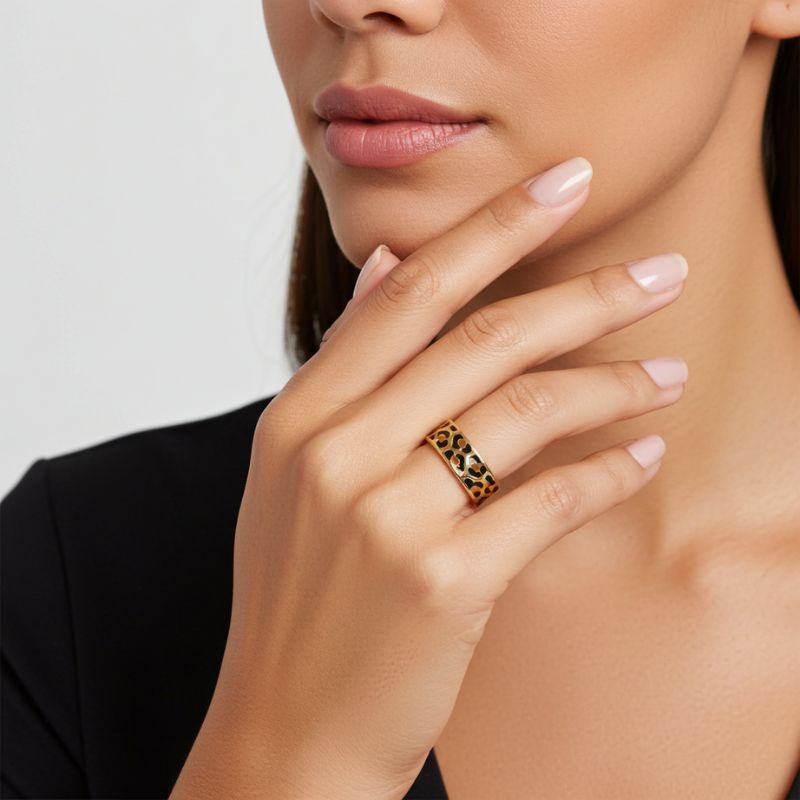 Sotiya Leopard Print Coffee Enamel Ring Sterling Silver-Sotiya