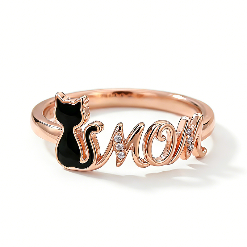 Sotiya Black Cat "MOM" Enamel Ring Sterling Silver-Sotiya