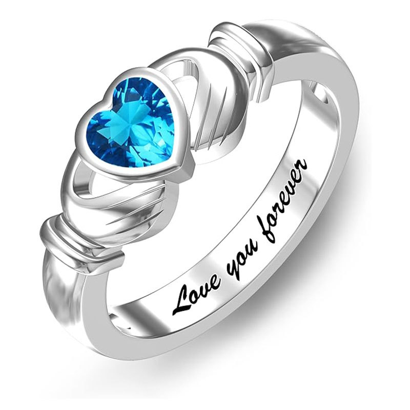 Sotiya Heart Cut Claddagh Ring Custom 12 Birthstone Engraved Name Promise Ring Sterling Silver-Sotiya