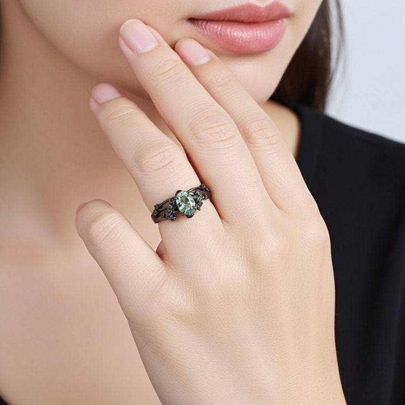 Sotiya Nature Inspired Oval Cut Green Moss Agate Wedding Bridal Ring Set Sterling Silver-Sotiya