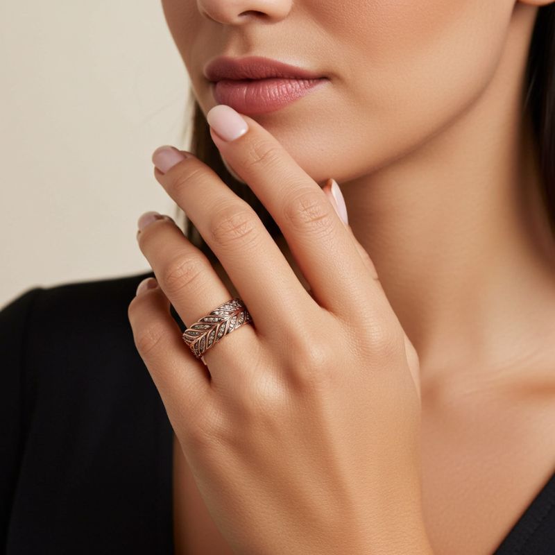 Sotiya Feather Design Unisex Coffee Chevron Band Ring Sterling Silver-Sotiya