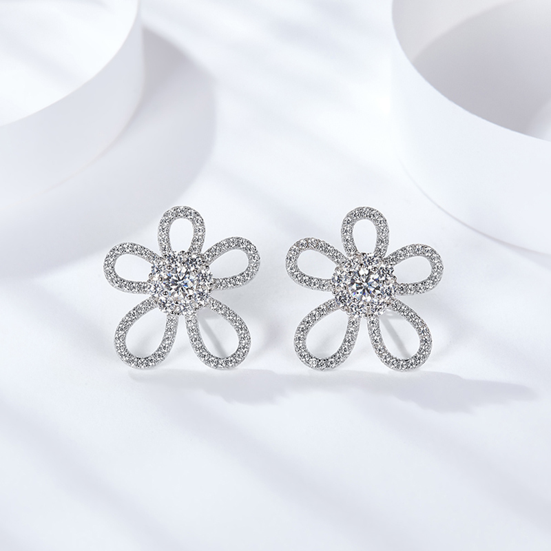 Sotiya Flower Design Halo Round Cut Moissanite Stud Earrings Sterling Silver-Sotiya