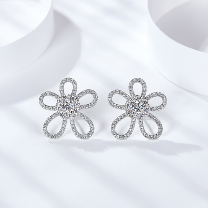 Sotiya Flower Design Halo Round Cut Moissanite Stud Earrings Sterling Silver-Sotiya