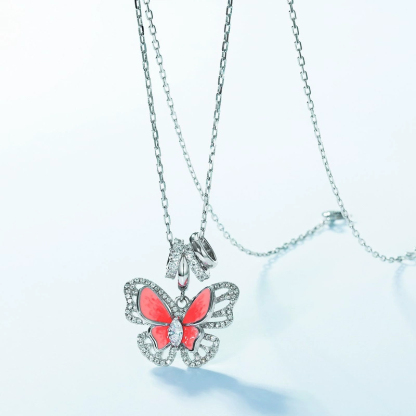 Sotiya Blue Enamel Double Layer Butterfly Necklace Sterling Silver-Sotiya