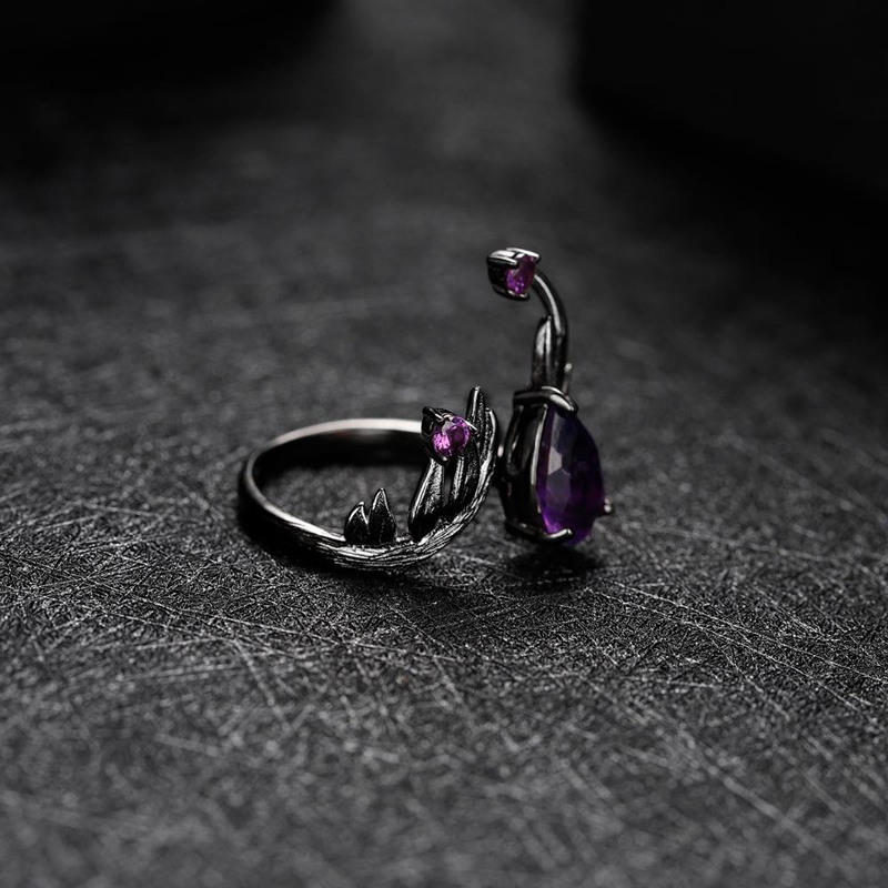 Sotiya Natural Gemstone Amethyst Adjustable Openable Cocktail Ring Sterling Silver-Sotiya