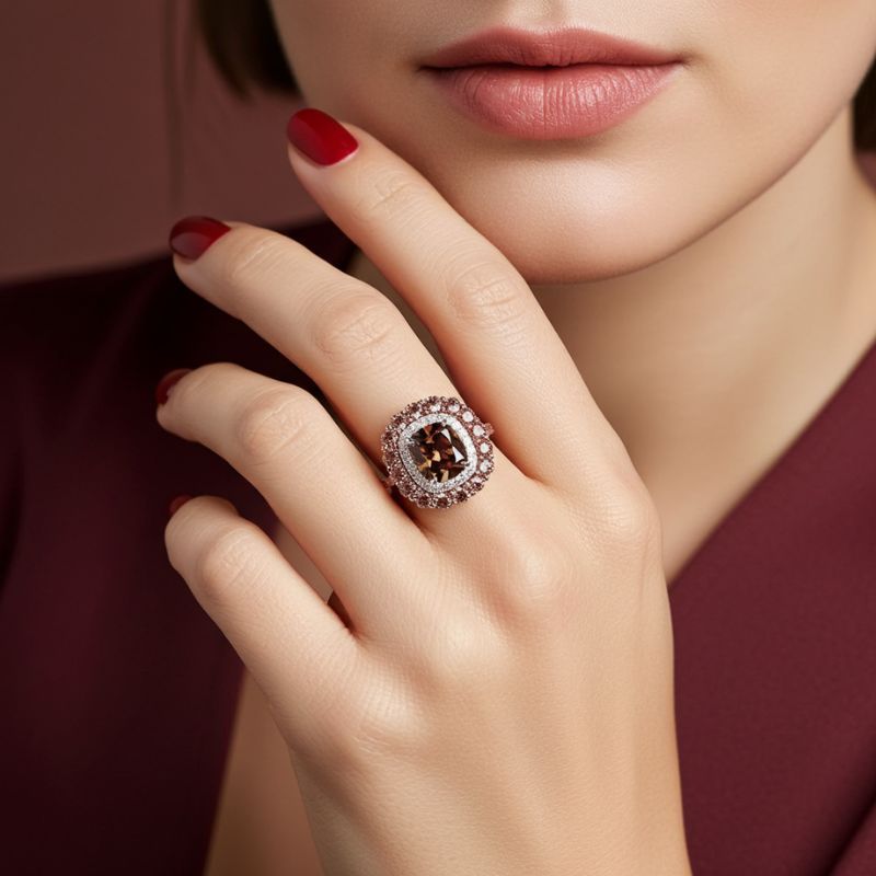 Sotiya Cathedral Double Halo Cushion Cut Coffee Engagement Ring Sterling Silver-Sotiya